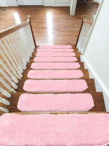 emmahome New Luxury Microfiber Soft Carpet Stair Treads NON-SLIP MACHINE WASHABLE Mats/Rugs, 20x55cm (Pink, 15)