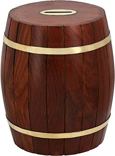 Ajuny handgefertigtes Sheesham -Holzfassform -Schweinebank mit Messingakzenten - 7 x 5 x 5 Zoll - Vintage inspirierte Holzgeldbank/Münzhalter - für Kinder und Erwachsene