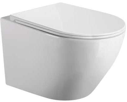 Wc Inodoro Suspendido Empotrado Rimless | Vater Colgante de Cerámica Blanca con Montaje a Pared | Inodoro con Fondo Reducido y Asiento Extrafino con Caida Amortiguada (Wc Suspendido Redondo)