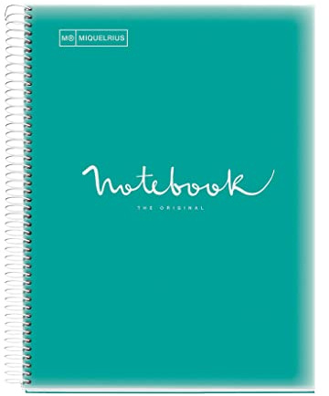 Miquelrius - A4 Notizbuch Emotions, Notebook, 80 Blatt 90 g/m², Séyès-liniert, einfarbig gestreift, mikroperforierte Spirale, Einband aus Polypropylen, 4 Löcher, Farbe Türkis