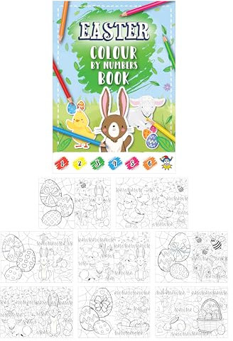 Henbrandt 48 x Mini Easter Colour by Numbers Kids A6 Activity Books Easter Egg Spring Colouring Fun Party Favour Loot Bag Filler Lucky Dip for Boys and Girls