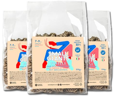 SMALL GIANTS®| Pasta Proteica (4x250gr) con farina di grillo, 22GR di PROTEINE - 3.7GR di FIBRE per 100GR di fusilli, basso contenuto di carboidrati, Pasta Integrale, high protein, Prodotta in Italia