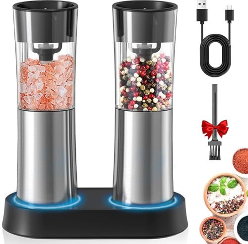 Sobtoe Set di macina sale e pepe elettrico a gravità, ricaricabile, automatico, Set di macinapepe e macinasale elettrici, con macinino regolabile e macinapepe, luce LED, (2 confezioni)