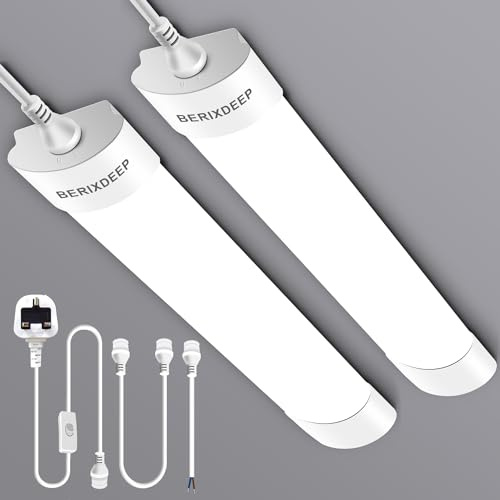 BERIXDEEP 2 Pack LED Batten Light 5ft, Plug and Play, 3m Cable, 6500K | Daylight Plug in Strip with Swtich for Warehouse, Garage, Workbench, Shop, Utility Room, 1.2m Interconnectable Cable, IP65