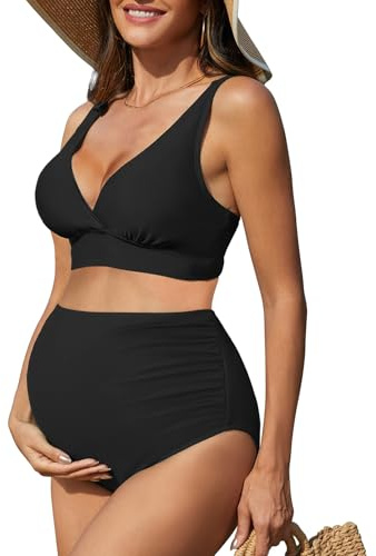 Maternity Swimsuit High Waisted Bikini Set Two Piece Pregnancy Bathing Suit V Neck Maternity Swimwear Adjustable Swimming Suit Black M