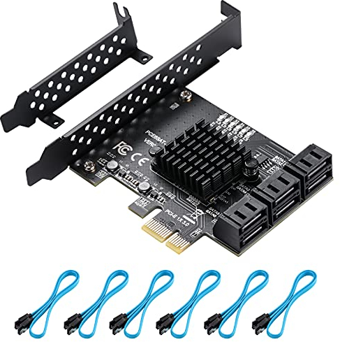 ASM1166 PCIe 3.0 x1 SATA III 6Gbps Erweiterungskarte - 6 Ports + 6 Kabel | Kompatibel mit Win10/Ubuntu | Plug & Play | Hot-Swap | LED-Überwachung | AHCI/IDE-Modus