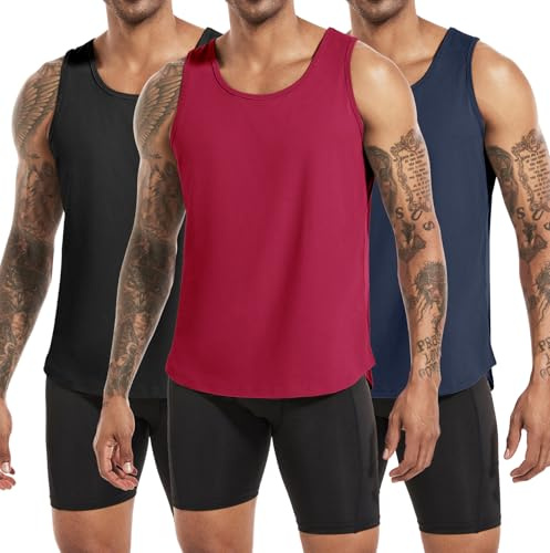 Boyzn Men's 3 Pack Cotton Workout Tank Tops, Athletic Muscle Sports Vests Tank Tops, Summer Breathable Gym Vests Top for Men, Fitness Bodybuilding Sleeveless T-Shirts for Running Black/Navy/Red-3P02-L