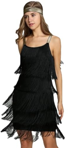 Hdhdeueh Vestido de fiesta vintage de los años 20 para mujer, con cuello sesgado, tirantes y flecos escalonados, Negro, S