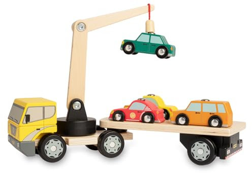 Nene Toys Autotransporter aus Holz mit Kran & 4 Magnet-Autos – Magnetspielzeug für Kinder ab 2 Jahren – Montessori Holzspielzeug & Lernspiel mit Fahrzeugen – Geschenk Jungen Mädchen 2 3 Jahren