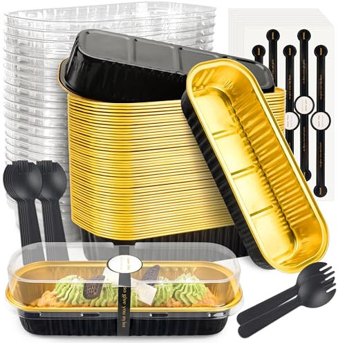 NPLUX 200ml Mini Loaf Cake Cases Mini Cake Tins with Lids Cupcake Cases for Baking Aluminum Foil Baking Pans(60 Pack, Black Gold)