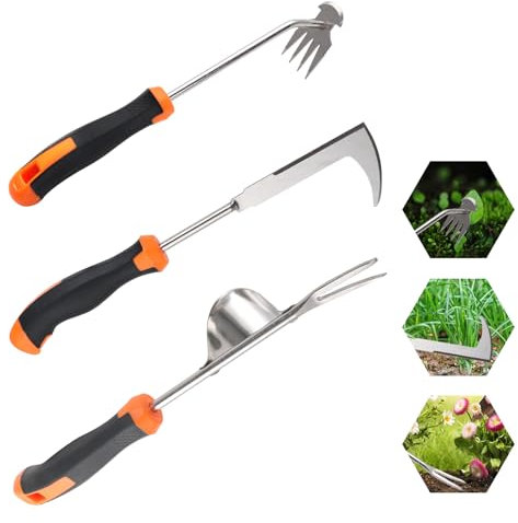 Foyucool 3 Piezas Extractor Malas Hierbas con Mango de Goma, Desherbador Manual de Acero Inoxidable, Weeder de Mano de Jardín Azadillas, Fácil Almacenamiento, Plantar y Desherbar