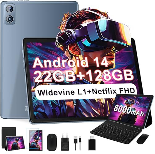 Dghrti Tablet 10 Pulgadas Android 22GB RAM + 128GB ROM/TF 1TB, UFS 2.1 Flash, 8-Core 2.0GHz, Widevine L1/8000mAh/Dual WiFi/5MP+8MP/Face ID,BT 5.0, con Carcasa MetÃlica, Teclado y Ratón-Gris