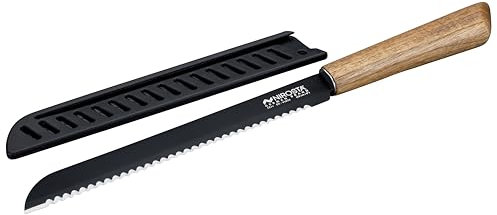 Nirosta Coltello Pane da cucina in acciaio inox, lama con rivestimento antiaderente, manico in acacia 100% FSC, coltello con custodia protettiva, lavare a mano, dimensione 33 cm, Linea Flow