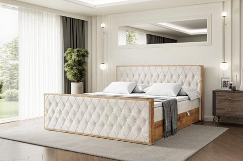 ALTDECOR Boxspringbett mit Matratze und Lattenrost, Topper, Fußteil,Polsterbett mit Bettkasten, Bett mit Stauraum H3-Matratze, Doppelbett, Boxbett - LOLLI5-Z - 200x200 - Beige Casablanca