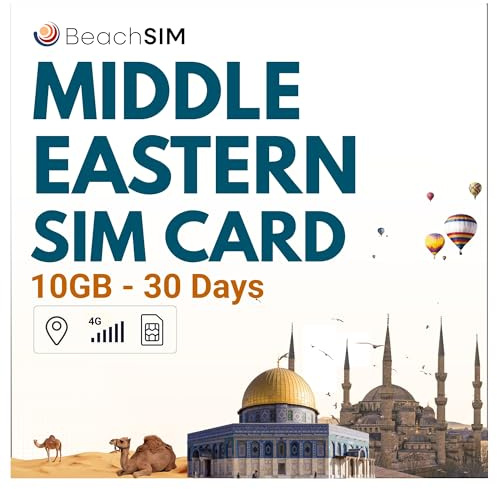 BeachSIM Tarjeta SIM para Oriente Medio válida Durante 30 días. 10 GB de Datos 4G/5G. Roaming Gratuito en Argelia, Catar, Arabia Saudí, Túnez, Turquía y los Emiratos.