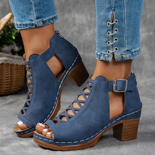 Summer Sandals for Women Peep Toe Adjustable Buckle Stacked Heels Wide Fit Wedge Heel Shoes High Heels Sandals Casual Summer Shoes