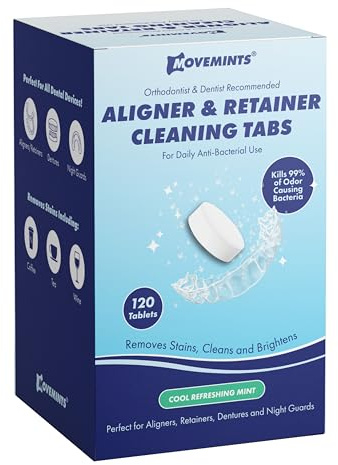 Movemints Cleaning Tablets for Aligners, Retainers, Dentures, Night Guard – Ultrasonic Compatible – Freshen Appliance and Remove Stains, Odors, and Plaque – Mint, 120 Count