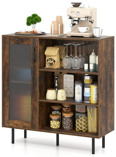 GOPLUS Armario de Almacenamiento, Aparador con Estante Ajustable en 5 Posiciones y Compartimentos Abiertos, Armario Organizador con Patas de Metal y Portavasos para Cocina, Restaurante, Bar, Marrón