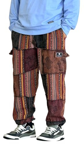Z ZILLION CRAFT Causal Patchwork Harem Pants for Men Women | Stonewashed with Soft and Breathable Himalayan Cotton | Baggy Relaxed fit Hippie Pants (US, Alpha, X-Large, Regular, Regular) Brown