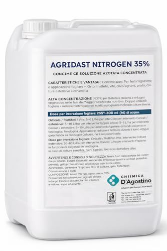 Agridast Nitrogen 35% Concime Liquido Azoto Concentrato Fertilizzante per Fertirrigazione e Applicazione Fogliare – Per Orto, Frutteto, Vite, Prato e Colture Estensive Tanica (5 litri)