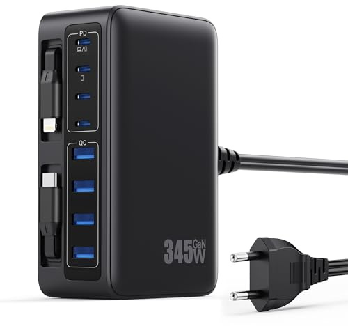 345W Chargeur USB C Multiple avec Câble Rétractable, 10-en-1 GaN VI Tech Prise USB, PD/PPS/QC Chargeur Rapide Multiple Station de Charge pour MacBook Pro/Air, iPhone, i Pad, Sam Sung Tablette etc.