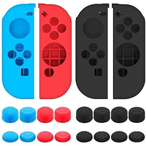 SENHAI Schutzhülle Kompatibel mit Nintendo Switch Joy-Con Controller mit Schutzgriffen, 2 Paar Silikon-Schutzhülle für Joysticks mit 16 Sticks – Schwarz, Blau + Rot