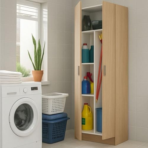 Dmora - Armadio multiuso 2 ante Charleston, Mobile porta scope, Scarpiera con ripiani, Guardaroba porta scarpe, cm73x37h180 cm, Rovere