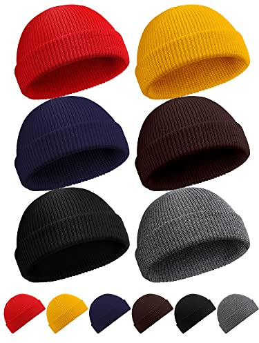 SATINIOR 6 Pieces Fisherman Beanie Trawler Beanie Winter Watch Hat Roll up Edge Skullcap Unisex (Black,Brown,Yellow,Blue,Dark Grey)