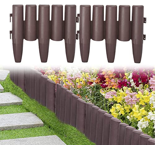 UISEBRT Bordo per prato, in plastica, 2,8 m, effetto legno, per aiuole, per giardino, palizzate, decorazione da giardino, 1 elemento (lunghezza x altezza): 28 cm x 24 cm, marrone