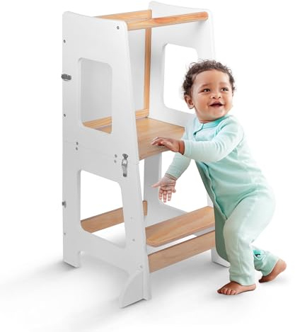 kidoola Toddler Learning Tower & Mini Desk (up to 12 Years), Safe & Creative for Kids, Toddler Steps Stool with Secure Safety Bars & Adjustable Height, Black & Whiteboard, Easy to Build