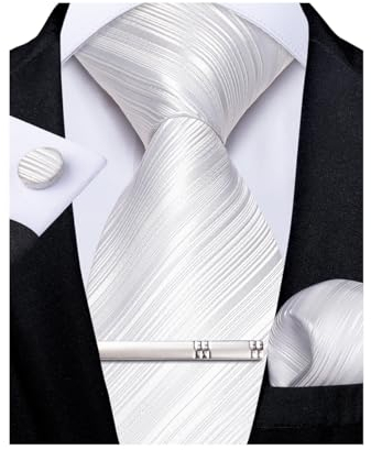 DiBanGu Weiß Krawatten und Taschentuch-Set für Männer Einfarbig Krawatte mit Manschettenknopf-Krawattenklammer für Hochzeit Formell