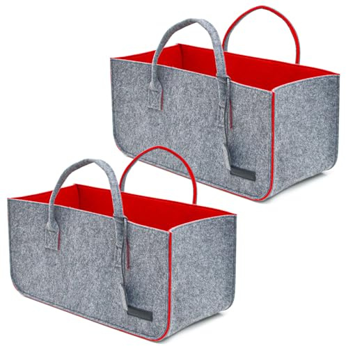 DuneDesign Set di 2: Borsa Feltro fino a 25 kg - 50x25x25 Mobile Portalegna da Interno Borsa Legna per Camino Porta Pellet - Cestino Spesa Porta Coperte da Salotto Cestello Portabottiglie Cesto Bagno