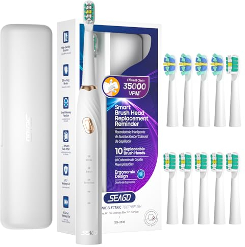 Seago Elektrische Zahnbürste mit 10 Zahnbürstenköpfen, Leise Reisezahnbürste mit Reiseetui & Zahnbürstenhalter, Ultraschallzahnbürsten Mit 60 Tagen Akkulaufzeit Und Timer für Erwachsene, SG-2316(Weiß)