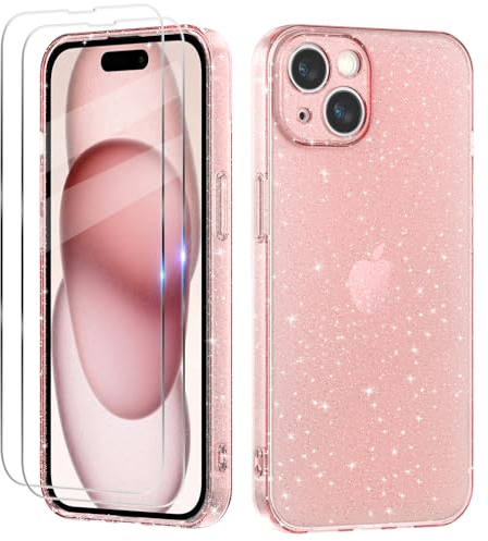Tikgue Funda Compatible con iPhone 15 con 2 Unidades de Protector de Pantalla de Cristal Templado, Carcasa Transparente Glitter Brillante de Silicona TPU Anti-Choque Protectora - Rosado