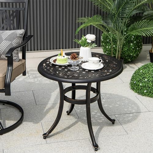 GIANTEX Gartentisch wetterfest Garten Bistrotisch aus Aluminiumguss runder Balkontisch mit verstellbaren Fußpolstern Terrassentisch Outdoor Beistelltisch 60 x 60 x 53 cm antike für Garten Bronze