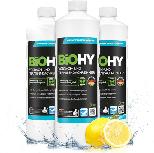 BiOHY Terrasstak- och förtakrengöring (3 x 1l flaska)| Bio-koncentrat för glastak, plasttak, vinterträdgårdar Bio-koncentrat för glastak, plasttak, vinterträdgårdar (Vordach und Terrassendachreiniger)
