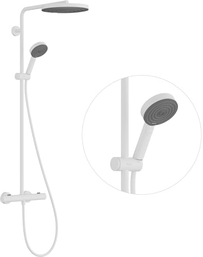 hansgrohe Pulsify S Puro - vattenbesparande Duschsystem (EcoSmart) med termostat, Regndusch (⌀ 260 mm), Duschset med handdusch, duschslang, duschstång och rund huvuddusch, matt vit, 24237700
