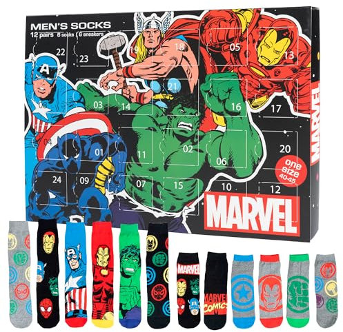 Marvel Adventskalender mit 12 Paar Socken Größe 40-45 für Herren Weihnachtskalender mit Sneakers und langen Socken