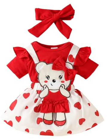 HEOXIN Completo Vestiti Bambina Neonato, Bordo Increspato Maniche Corte Bottone Pressione Tutina, Abbigliamento Rosso Love Bear Estensibile Bretelle Pulsante Gonna Fiocco Fascia Capelli, 3-6 Mesi