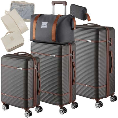 tectake® Set Valigie Da Viaggio, 13 Pezzi, Valigie Impilabili in ABS, Finiture in Similpelle, Rotelle Girevoli a 360°, Lucchetto TSA, Manico Telescopico Regolabile, Interno Separabile – Antracite