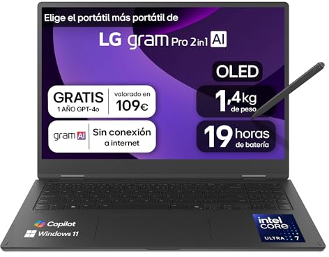 LG gram 16T90TP-K.AD88B Ordenador Portátil Convertible 16 Pulgadas Intel Core Ultra7 255H, 32 GB RAM, 1TB SSD, Panel OLED multitáctil, WQXGA+, 1.399 g, 19 Horas, Windows 11 Home, Teclado QWERTY