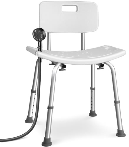 VOUNOT® Silla de Ducha con Respaldo Altura Regulable 70-83 cm, Asiento de Baño con Patas Antideslizantes, Ayuda para Personas Mayores y Discapacitados, Carga máx. 136 kg, Blanco
