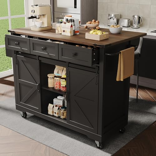 A ALFRESCOOL Isola da cucina, carrello da portata con piano di lavoro estraibile, carrello da cucina su ruote, armadio da cucina con 2 ante scorrevoli e 3 cassetti, carrello da pranzo con venature del