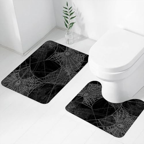 FEHWI Lot de 2 Tapis de Salle de Bain pour la Salle de Bain - Antidérapants et lavables - pour Douche, Baignoire,Motif de Toile d'araignée sur Fond Noir, Conception mystérieuse de Toile d'araignée n