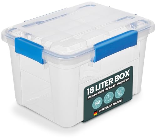 Kreher® Aufbewahrungsbox 18 Liter mit Deckel – wasserdicht & staubdicht, transparent & stapelbar, BPA- & schadstofffrei, robuste Kunststoffbox mit Silikondichtung & 4 Clips (1, 18 Liter)