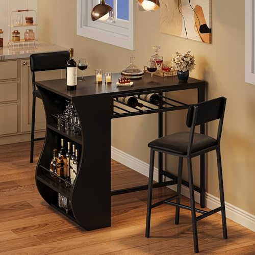 FEONASE Set da 3 pezzi con tavolo da bar e sgabelli con 2 ripiani portaoggetti e portabottiglie per vino, set da cucina Moden con tavolo da pranzo piccolo e sedie, per piccoli spazi, struttura in