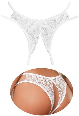 comeondear Tangas Abierto Mujer de Encaje Bragas Brasileñas Transparente Braguitas Talla Grande Cintura Baja Tangas Sexy para Mujer Thong Underwear Bikini Panties Blanco,L