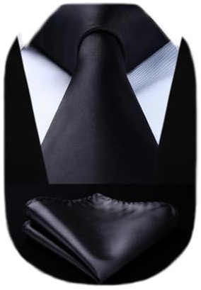 HISDERN Cravate Homme Noire Cravate et Mouchoir de poche Set - Travail Fête Mariage Cravates Soie avec Boîte Couleur Unie Cadeau pour hommes Saint Valentin,Noir