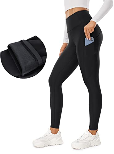 CRZ YOGA Damen Thermo Leggings mit Taschen Winter High Waist Fleece Sportleggins Yoga Leggins Warm Thermal Sporthose - 71cm Schwarz 38