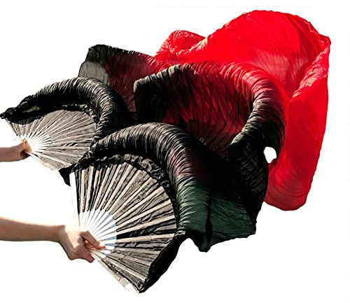 Leemiman Femme 1,8 m de long Éventails en soie 100 % bambou pour danse du ventre 1 paire (G+D), noir/rouge, 180*90cm